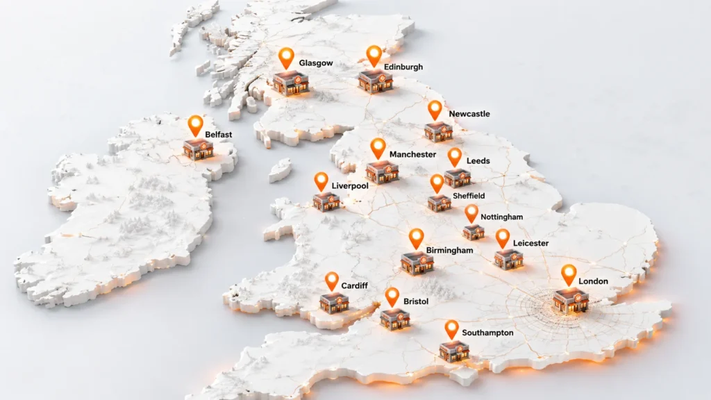 Popeyes UK Locations map showing restaurants across major UK cities