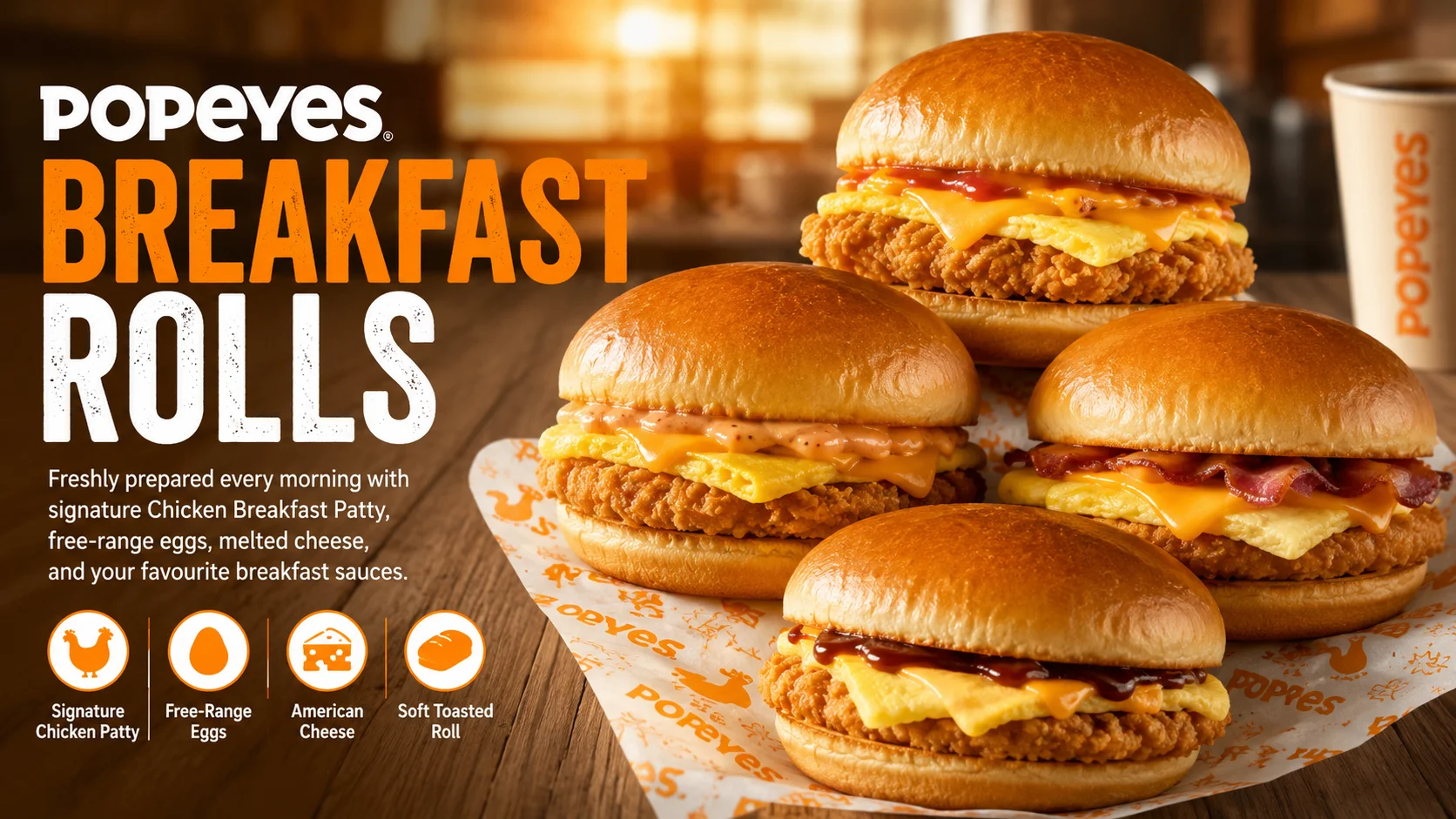 Popeyes Breakfast Rolls on the Popeyes Breakfast Menu UK with Chicken Patty, bacon, eggs and cheese
