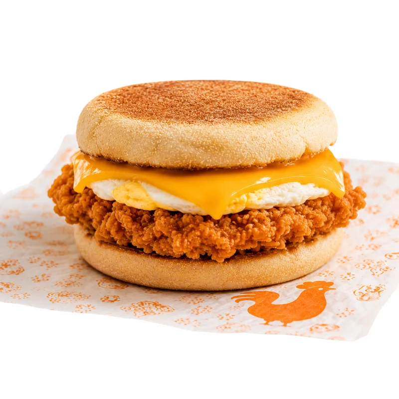 Home 9 Popeyes UK Chicken Patty Egg and Cheese Muffin served on a toasted English muffin