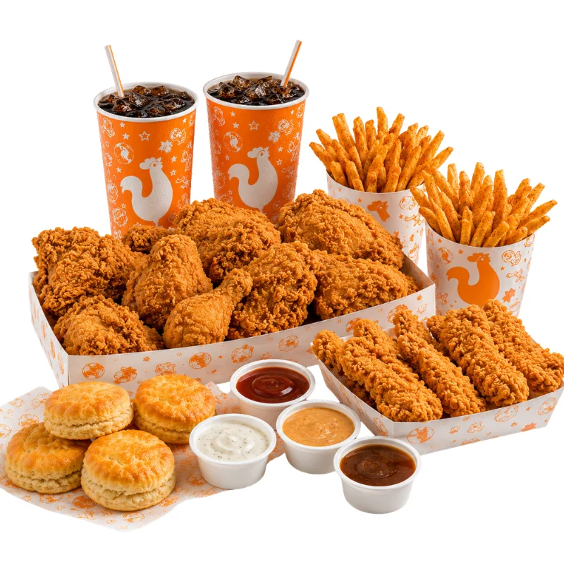 Home 15 Popeyes UK Family Meal featuring fried chicken, tenders, Cajun fries, biscuits and soft drinks