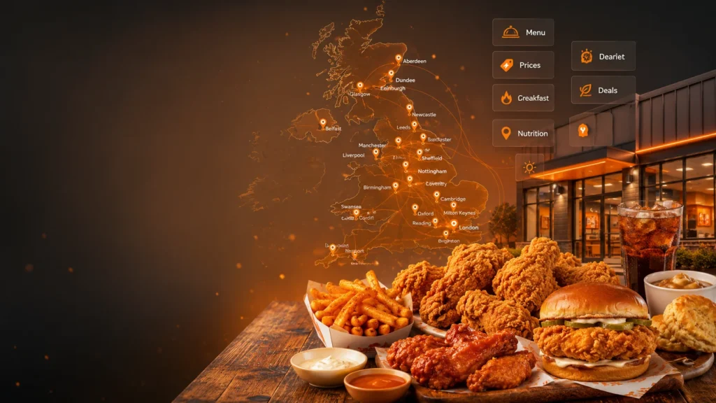 About Popeyes Menu UK featuring fried chicken, chicken sandwich, fries, UK restaurant locations, menu prices, calories and breakfast guide